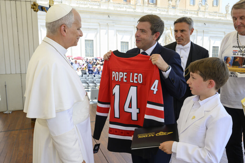 Pope Leo XIV Receives Custom Stanley Cup Jersey from NC Labor Chief Pope Leo XIV Receives Custom Stanley Cup Jersey from NC Labor Chief