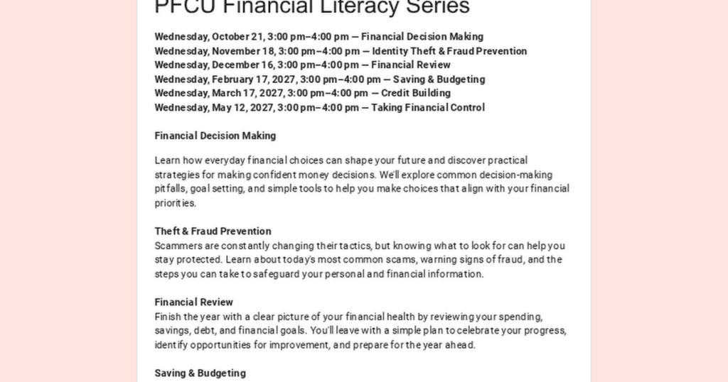 Northeast Library Hosts Free Financial Literacy Series with PFCU Northeast Library Hosts Free Financial Literacy Series with PFCU